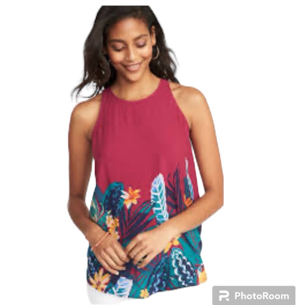 Old Navy Deep Pink Flowy Tropical Plants Floral Print Tank Top Size Medium